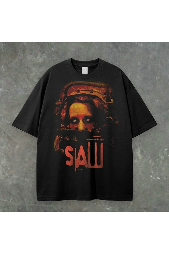 Saw Movie Unisex Black Shirt • Oversized Acid Wash Horror Tee • Jigsaw Puppet Retro Graphic • Cult Classic Fan Gift, Cult Classic Film Idea,Black Color,Size M