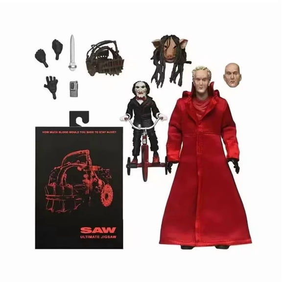 Saw Ultimate Jigsaw Action Figure Red Robe Version with Billy Puppet Tricycle, Pig Head, Reverse Bear Trap & Multiple Accessories Horror Collectible