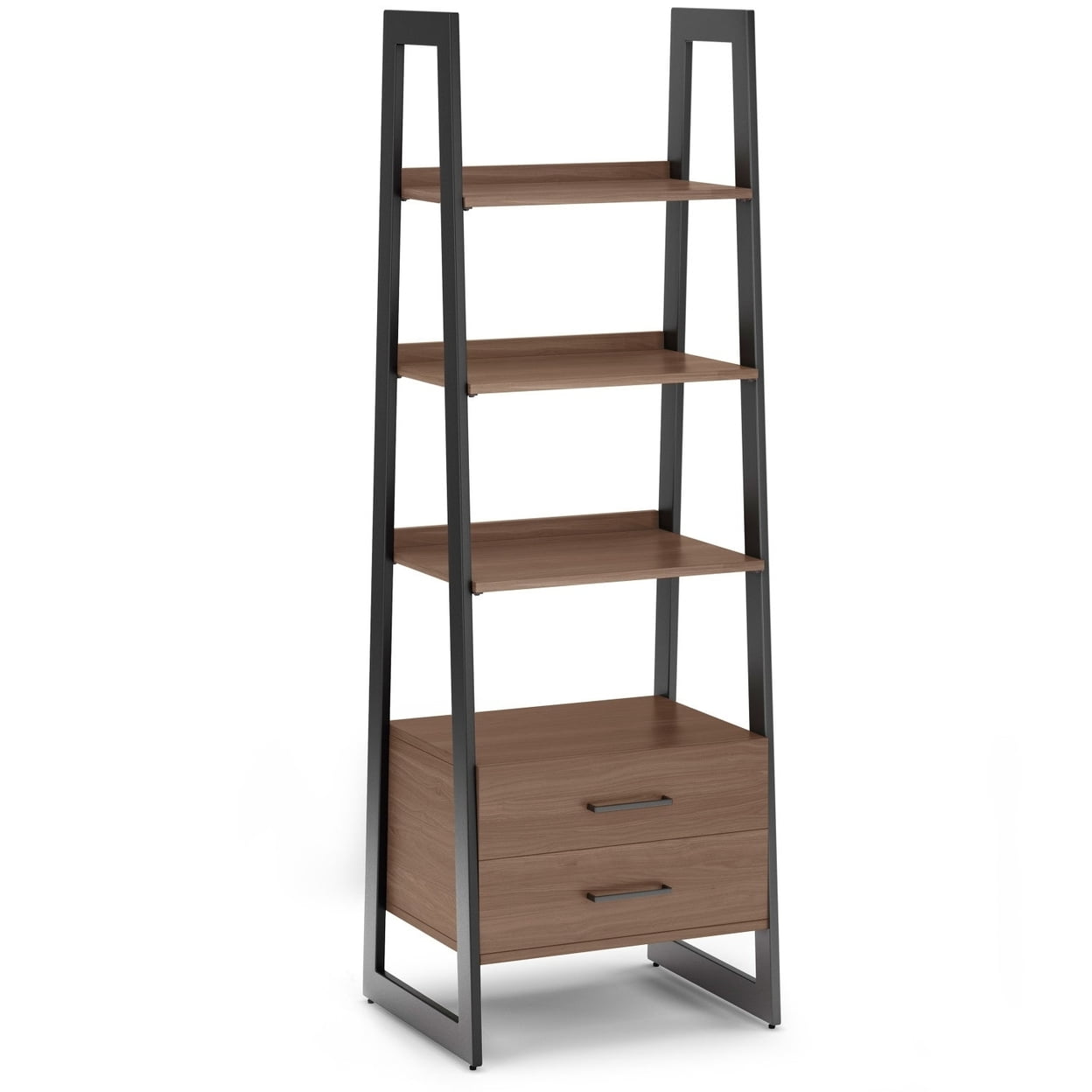 Modern Industrial Walnut Veneer and Metal Ladder Shelf with Storage