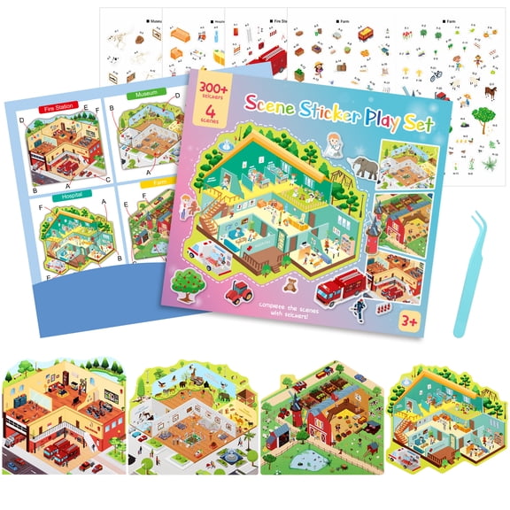 Sawnfay 3D Sticker Scene Play Set 4 Scenes with 300+ Stickers, Reusable Sticker Book, Waterproof Stickers for Kids & Adults