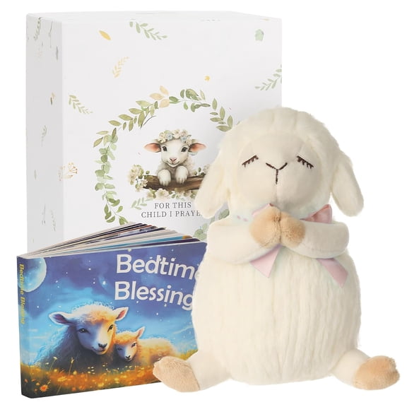 Sawnfay Baptism Gift Set for Girls and Newborn Baby, 7" Praying Lamb Plush Toy and Bedtime Blessing Book in Keepsake Box