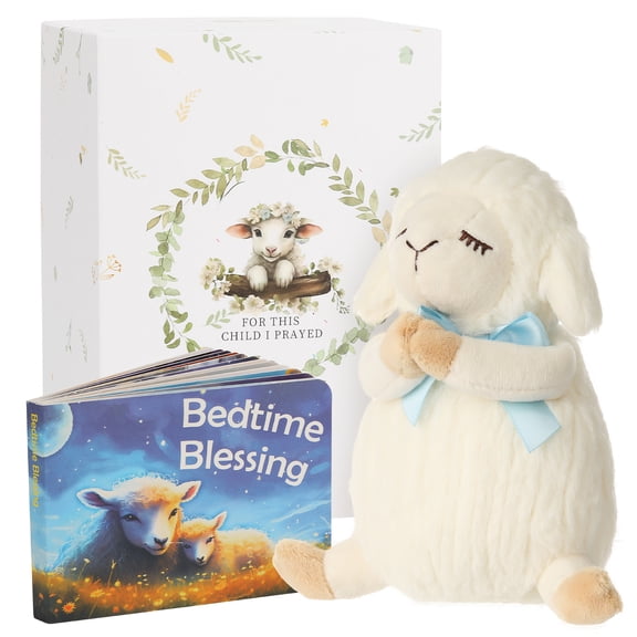 Sawnfay Baptism Gifts for Boys - Christening Gift Set with 7” Praying Lamb Plush Toy, Blessing Board Book & Keepsake Box for Newborn Baby