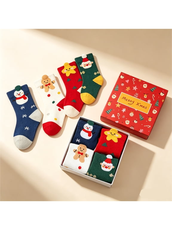 Kids Christmas Socks - 4 Pairs Soft Cotton Socks for Boys Girls, Fun Holiday Novelty Gift for Birthday Christmas Stocking Stuffers, Size M (3-5years)