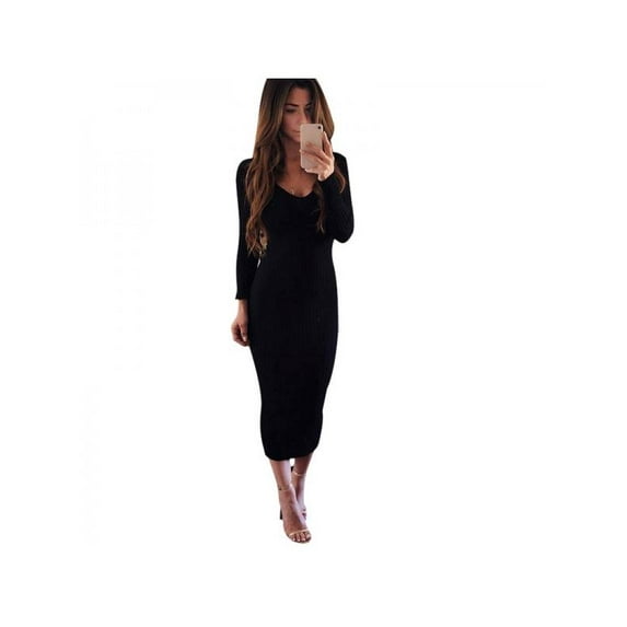 Sawpy Women Solid Color Wild Round Collar Sexy Knit Slim Shirts Long Sleeve Mid-length Casual Sweater Belt Dress