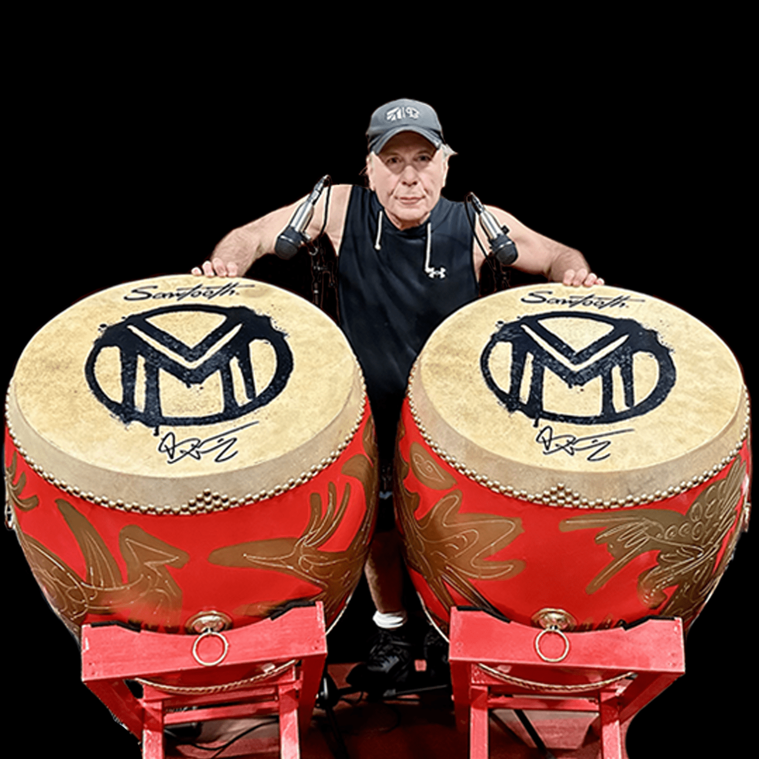 Sawtooth Bruce Dickinson Signature Hand-Painted Golden Dragon Taiko Drum – 24” x 26” Birch Wood with Cowhide Heads, Gold Suspension Rings & Foldable Wooden Riser