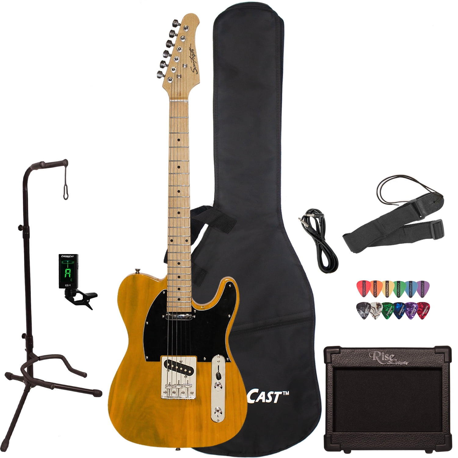 Sawtooth Butterscotch ET Series Electric Guitar with Black Pickguard -  Includes: Gig Bag, Amp, Picks, Tuner, Strap, Stand, Cable, and Guitar