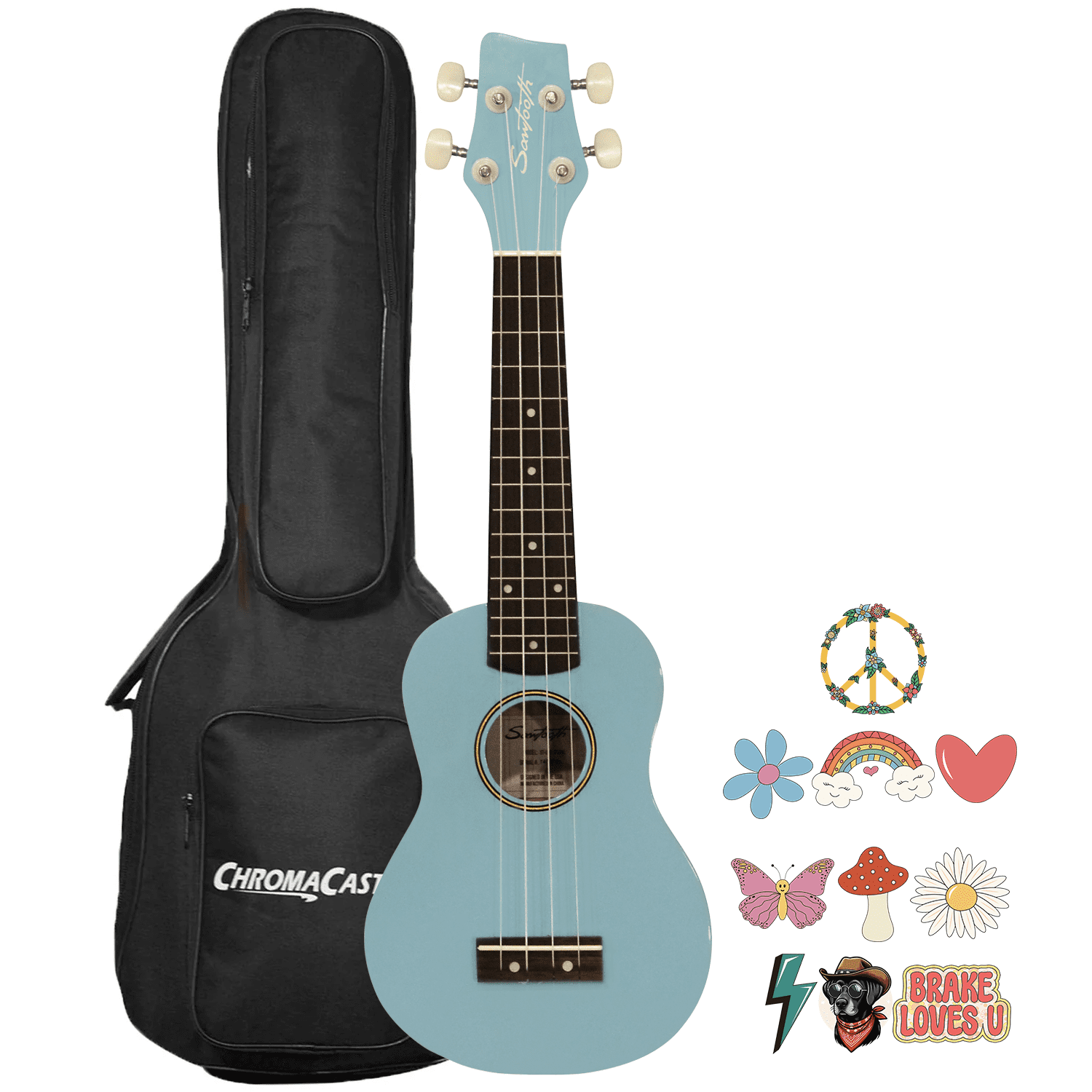 Sawtooth Daphne Blue Basswood Soprano Ukulele w Gig Bag and Official Brake Stickers