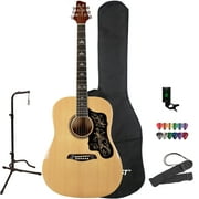 Sawtooth Dreadnought Folk Acoustic Guitar with Padded Case, Tuner, Stand, Strap, Picks, and Spanish Pickguard