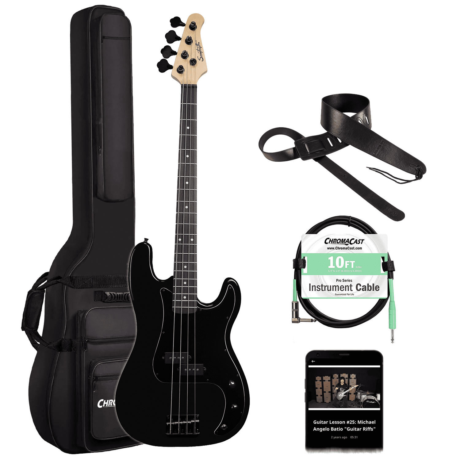Satin Black 4-String Electric Bass Guitar with Maple Neck