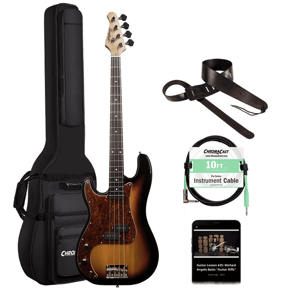 Sawtooth EP Series Left-Handed Electric Bass Guitar with Gig Bag & Accessories, Vintage Burst w/ Tortoise Pickguard and Free Music Lessons