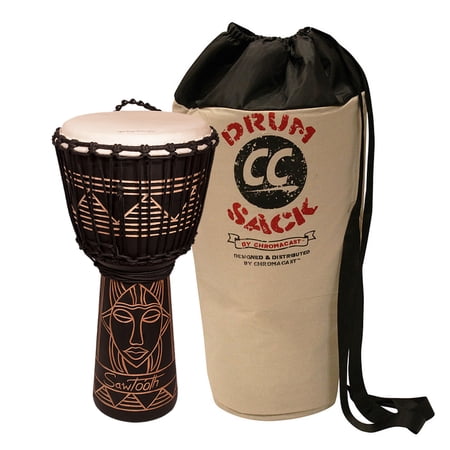 Sawtooth Harmony Series 12" Hand Carved Spirit Design Rope Djembe with Drum Sack Carry Bag, Satin Black Finish