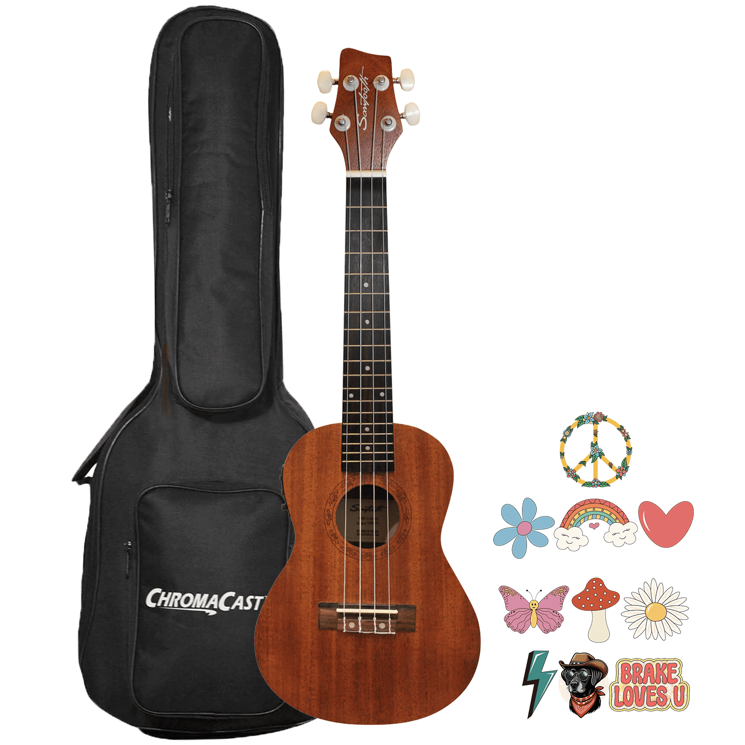 Sawtooth Mahogany Concert Electric Ukulele w Gig Bag and Fishman KUL-101 Preamp/Built In Tuner and Official Brake Stickers