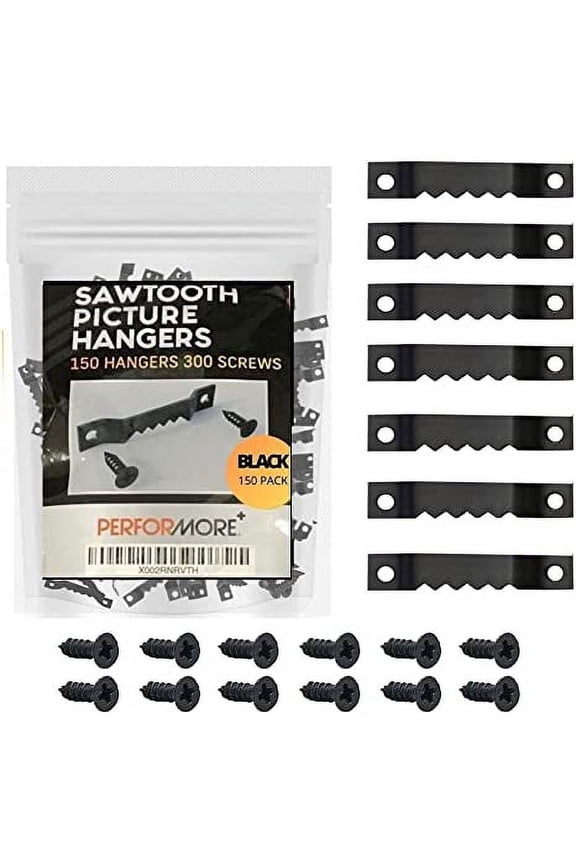 Sawtooth Picture Hangers, 150 Pack Picture Frame Hanging Hardware, Double Hole Photo Frame Hangers with 300 Screws, for Wall Clock Paintings Decor Artwork Picture Frame Hook Photos (Black)