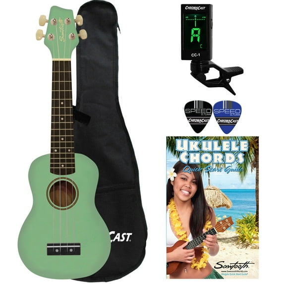 Sawtooth Soprano Surf Green Ukulele with Case, Clip on Tuner, Lesson-Chord Guide, and Picks