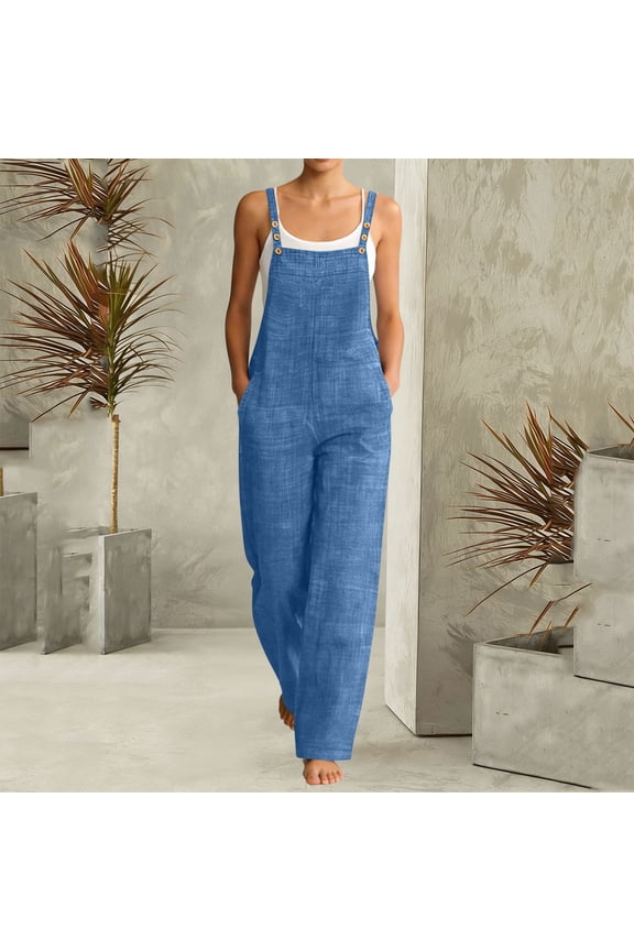 Jumpers for Women Casual Cold Shoulder Sleeveless Jumpsuit Solid Button Suspender Jumpsuits Wide Pocket Linen Ankle-length Leg Pant Jumpsuit