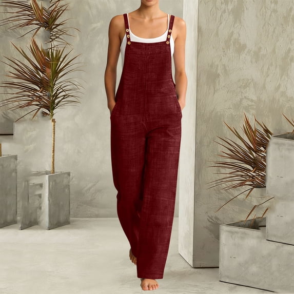 Sawvnm Jumpers for Women Casual Cold Shoulder Sleeveless Jumpsuit Solid Button Suspender Jumpsuits Wide Pocket Linen Ankle-length Leg Pant Jumpsuit