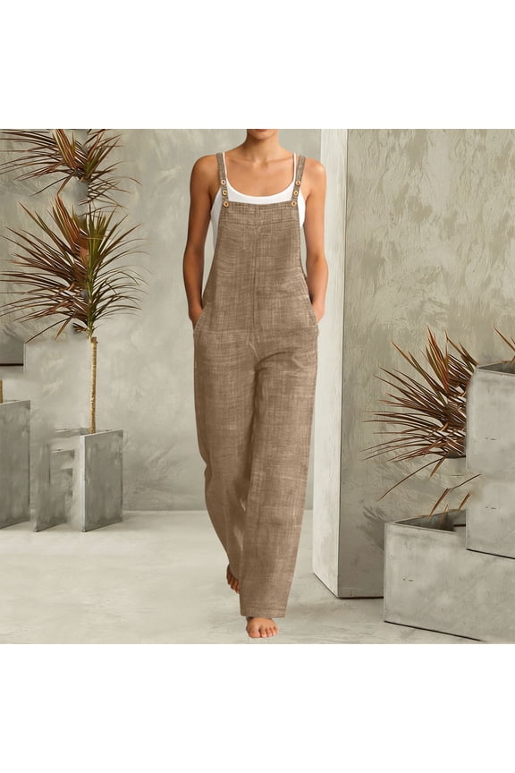 Jumpers for Women Casual Cold Shoulder Sleeveless Jumpsuit Solid Button Suspender Jumpsuits Wide Pocket Linen Ankle-length Leg Pant Jumpsuit
