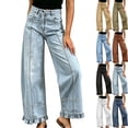 thumbnail image 1 of Sawvnm Ladies' Fashion Trendy Solid Color Splicing Folded Legs Denim Pants Light Blue 3XL, 1 of 8