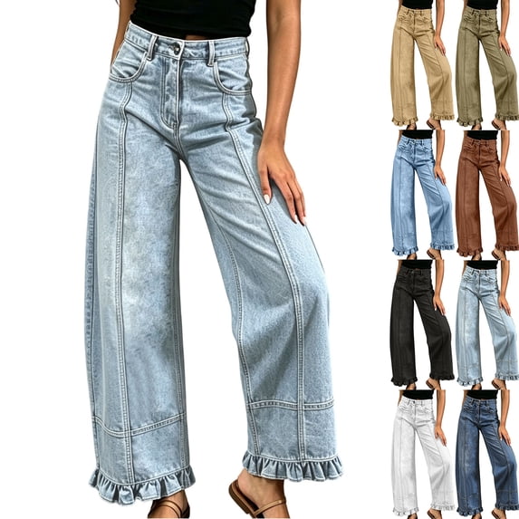 Sawvnm Ladies' Fashion Trendy Solid Color Splicing Folded Legs Denim Pants Light Blue 3XL