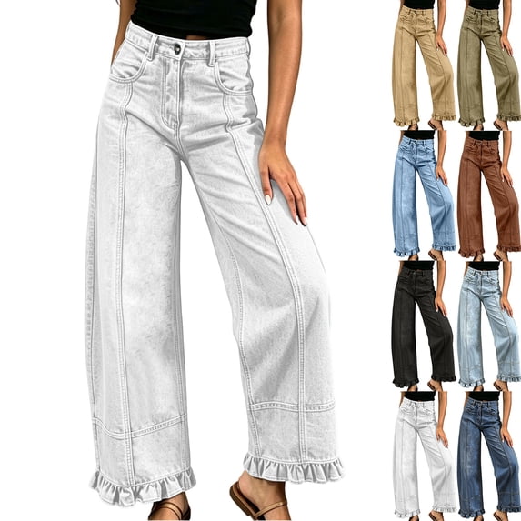 Sawvnm Ladies' Fashion Trendy Solid Color Splicing Folded Legs Denim Pants White S