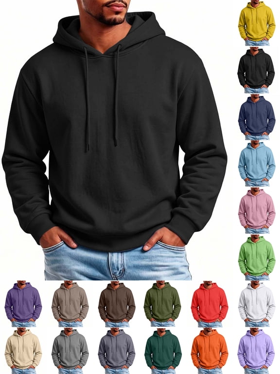 Men's Long Solid Sleeve Pullover Drawstring Hoodie Casual Sweatshirt Top