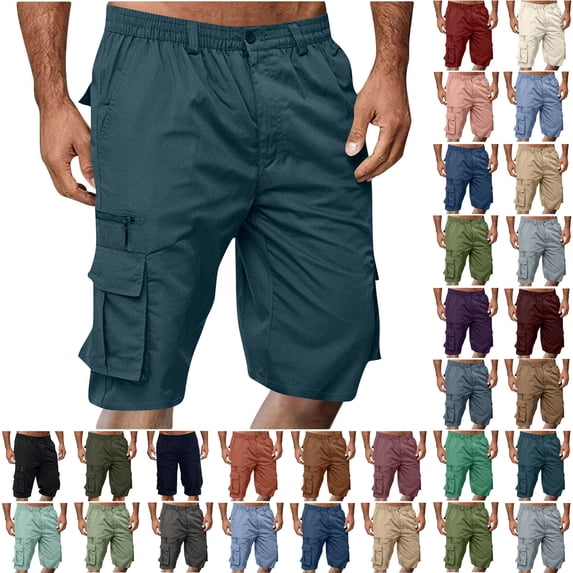 Sawvnm Mens Shorts Men Casual Fashion Solid Shorts With Multi-pocket Button Zipper Elastic Waist Shoort Pants Beach Party Cargo Stretch Shorts