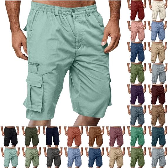 Sawvnm Mens Shorts Men Casual Fashion Solid Shorts With Multi-pocket Button Zipper Elastic Waist Shoort Pants Beach Party Cargo Stretch Shorts