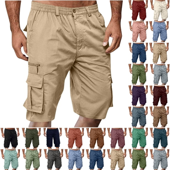 Sawvnm Mens Shorts Men Casual Fashion Solid Shorts With Multi-pocket Button Zipper Elastic Waist Shoort Pants Beach Party Cargo Stretch Shorts