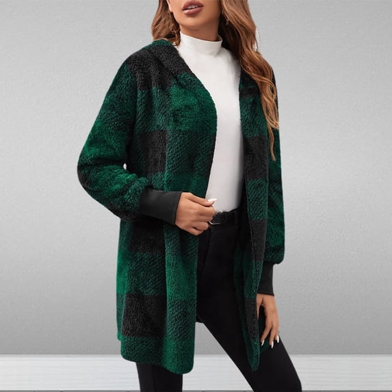 Sawvnm Plus Size Coat Women Fashion Winter Coat Long Sleeve Plaid Faux Shearling Oversized Jacket Green M