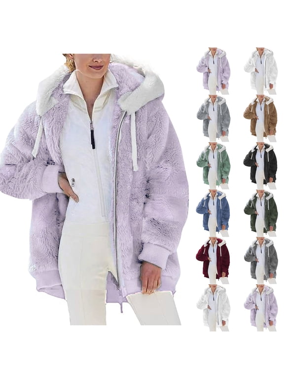 Trench Coat Women Women Plus Size Winter Warm Loose Plush Zip Solid Color Outdoor Hooded Jacket Coat for Women Purple S-5XL