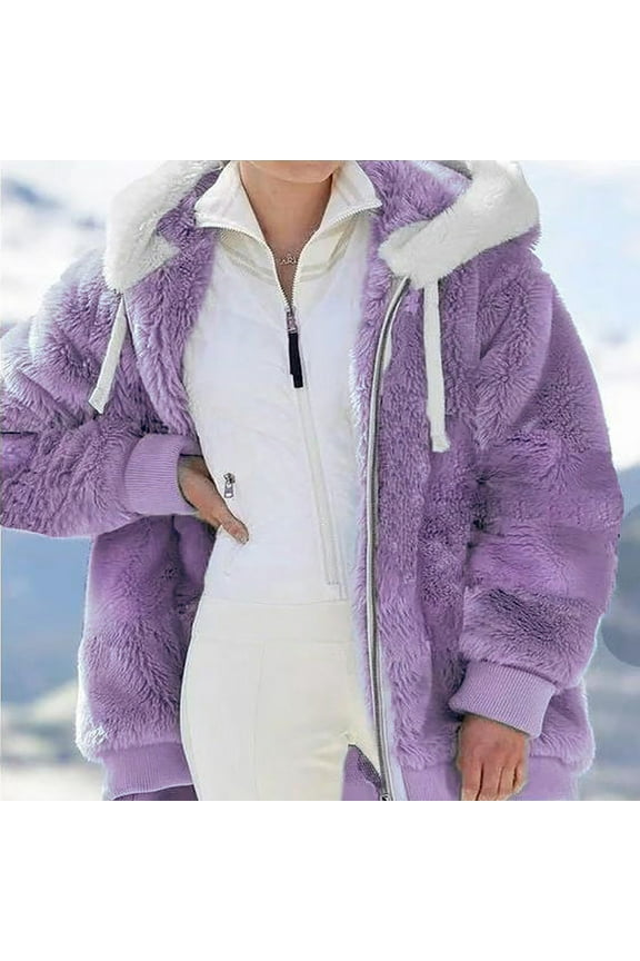 Trench Coat Women Women Plus Size Winter Warm Loose Plush Zip Solid Color Outdoor Hooded Jacket Coat for Women Purple S-5XL