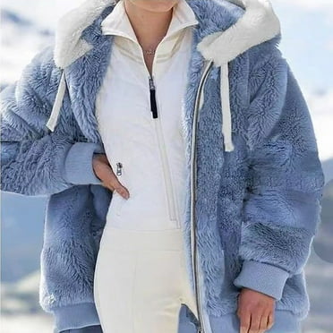 Sawvnm Plus Size Coat Women Plus Size Winter Warm Loose Plush Zip Hooded Jacket Coat on Clearance Blue M