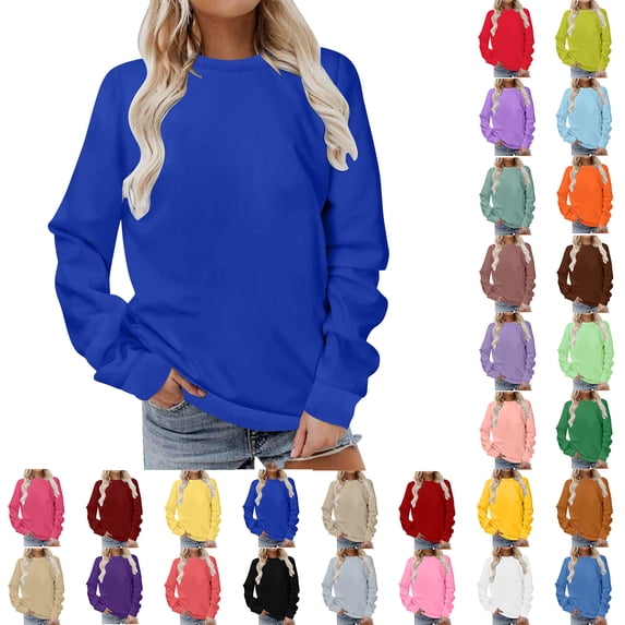 Sawvnm Plus Size Winter Women Long Sleeves Casual Shirts Color Round Neck Sweatshirt Crewneck Pullover Tunic Tops Fall Winter Outfits Clothes