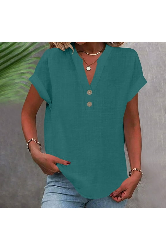 Women's Fashion Solid Button Shirt Female V-Neck Loose T-shirt Blouse Great Gifts for Less Green XXXXXL