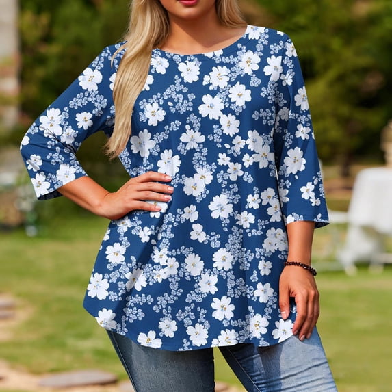 Sawvnm Summer Tops Plus Size Women's Fashion Loose Casual Printing 3/4 Sleeve T-Shirt Round Neck Plus Size Top Women Work Out Tops Blue 3XL