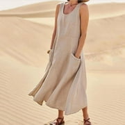 SAWVNM Summer Wedding Guest Dresses Women's Summer Fashion Casual Solid Color Sleeveless Cotton Linen Long Dress Midi Dresses for Women Early Access Deals Family gifts