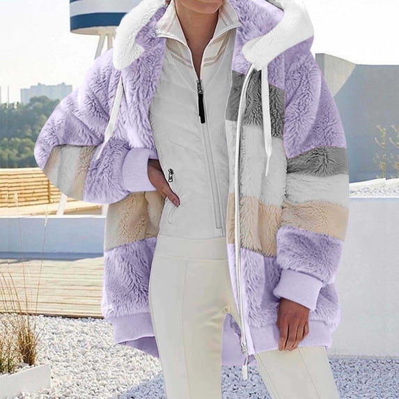 Livrdious Winter Long Coats for Women Plus Size Winter Warm Loose Plush Zip Hooded Jacket Coat Gifts Christmas Gift
