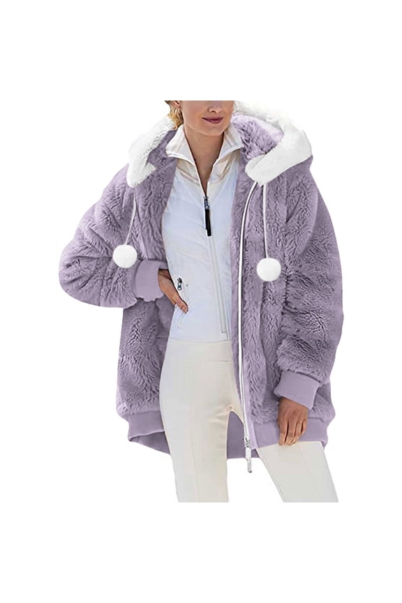Winter Long Coats for Women Plus Size Winter Warm Loose Plush Zip Hooded Jacket Coat Gifts Christmas Gift