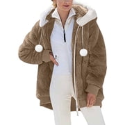 Winter Long Coats for Women Plus Size Winter Warm Loose Plush Zip Hooded Jacket Coat Gifts Christmas Gift
