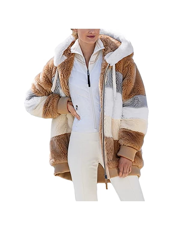 Winter Long Coats for Women Plus Size Winter Warm Loose Plush Zip Hooded Jacket Coat Gifts Christmas Gift