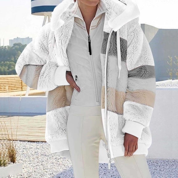 Livrdious Winter Long Coats for Women Plus Size Winter Warm Loose Plush Zip Hooded Jacket Coat Gifts Christmas Gift