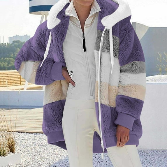 Sawvnm Winter Long Coats for Women Plus Size Winter Warm Loose Plush Zip Hooded Jacket Coat Gifts Christmas Gift