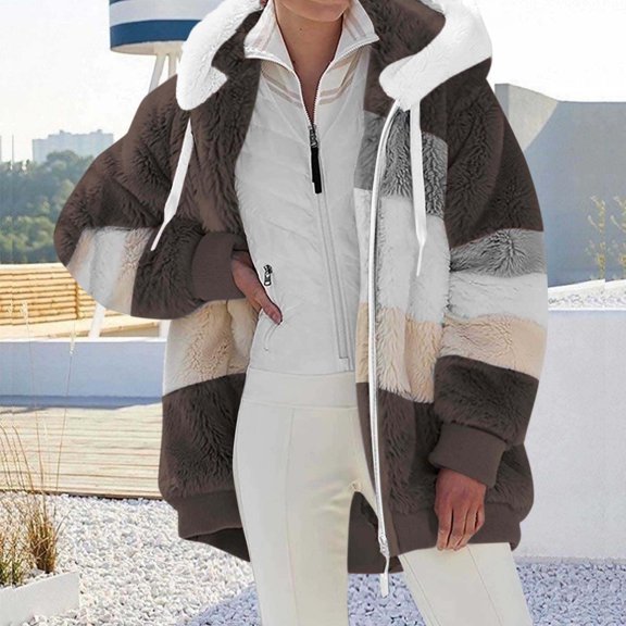 Sawvnm Winter Long Coats for Women Plus Size Winter Warm Loose Plush Zip Hooded Jacket Coat Gifts Christmas Gift
