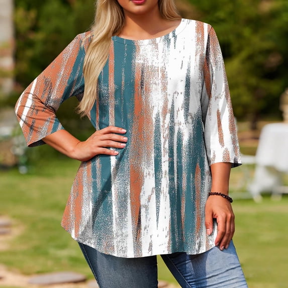 Sawvnm Women Blouses Plus Size Women's Fashion Loose Casual Printing 3/4 Sleeve T-Shirt Round Neck Plus Size Top Skirts for Women White 2XL