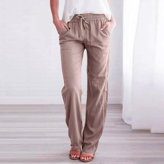 Sawvnm Women Casual Cotton And Linen Solid Drawstring Elastic Waist Long Straight Pants