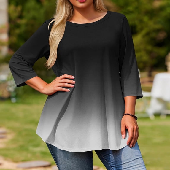 Sawvnm Women causal Tops Women's Fashion Loose Casual Printing 3/4 Sleeve T-Shirt Round Neck Plus Size Top Womens Tops Trendy Black XL