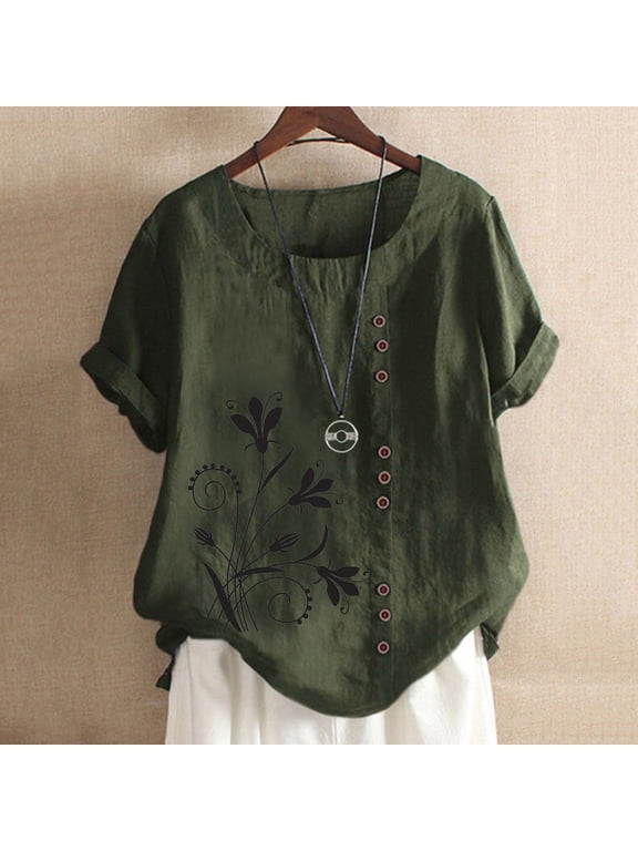 Women's Crew Neck Short Sleeve Printed Blouse, Linen Blend Side Button Relaxed Fit Print Casual Summer Daily Shirt Top