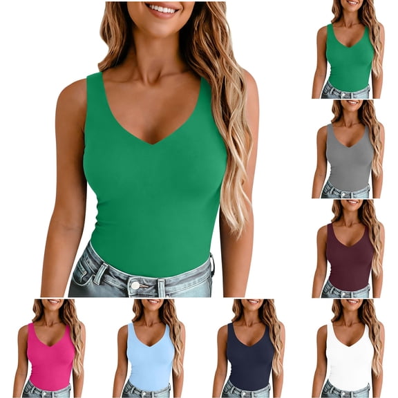 Sawvnm Women's Double Lined V Neck Tank Tops Summer Slim Fit Basic Sleeveless Shirts Cute Trendy Going Out Tops
