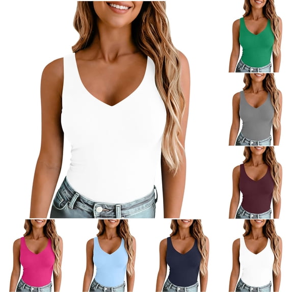 Sawvnm Women's Double Lined V Neck Tank Tops Summer Slim Fit Basic Sleeveless Shirts Cute Trendy Going Out Tops