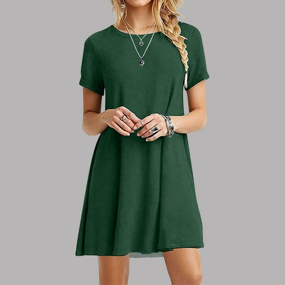 Plus Size Dresses Sawvnm Women's Fashion Casual Short Sleeve Solid Round Neck Ladies Loose Mini Dress Christmas Gift